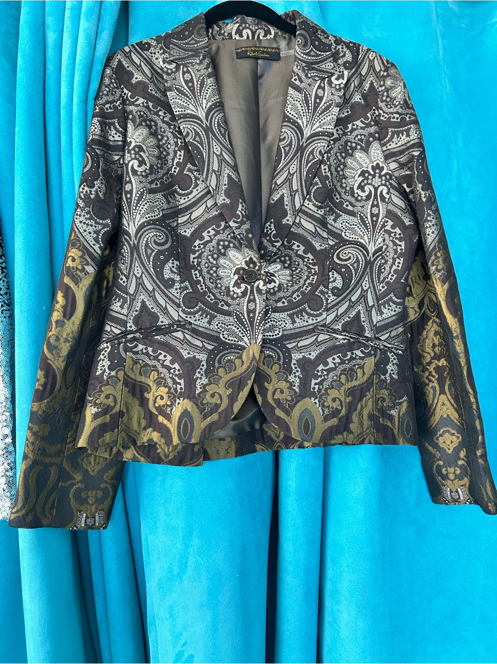 Women's Patterned Paisley Blazer Jacket - Brown & Gold